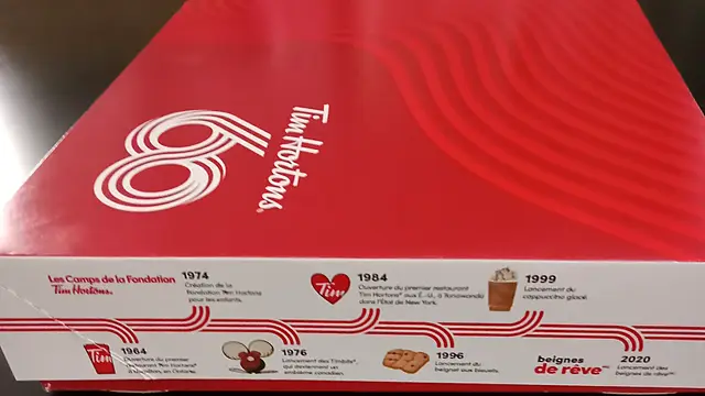 A box of assorted Tim Hortons donuts