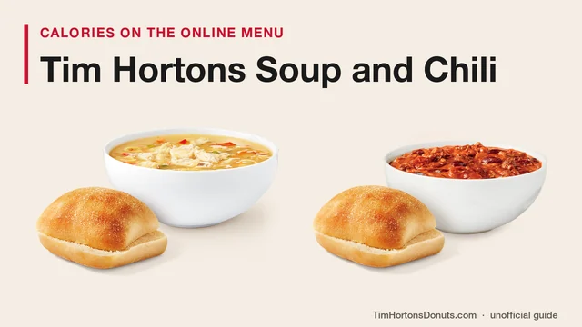 A bowl of Tim Hortons Chicken Noodle Soup and a bowl of Chili, each with a bun