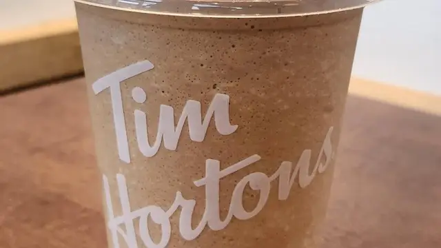 A Tim Hortons Iced Capp in a branded cup