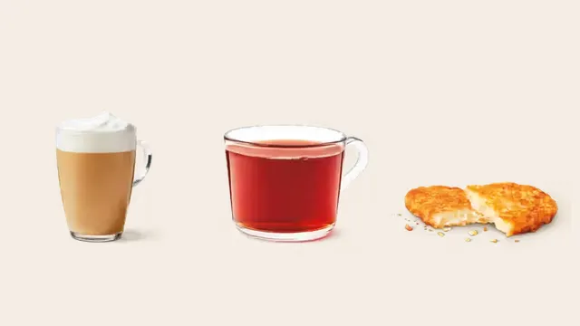 Tim Hortons cappuccino, steeped tea and hash brown, items that can be ordered vegan