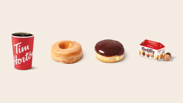 A Tim Hortons coffee, two donuts and a box of Timbits