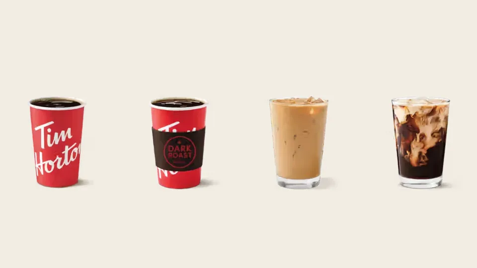 A Tim Hortons brewed coffee, Dark Roast coffee, Original Iced Coffee and Original Cold Brew