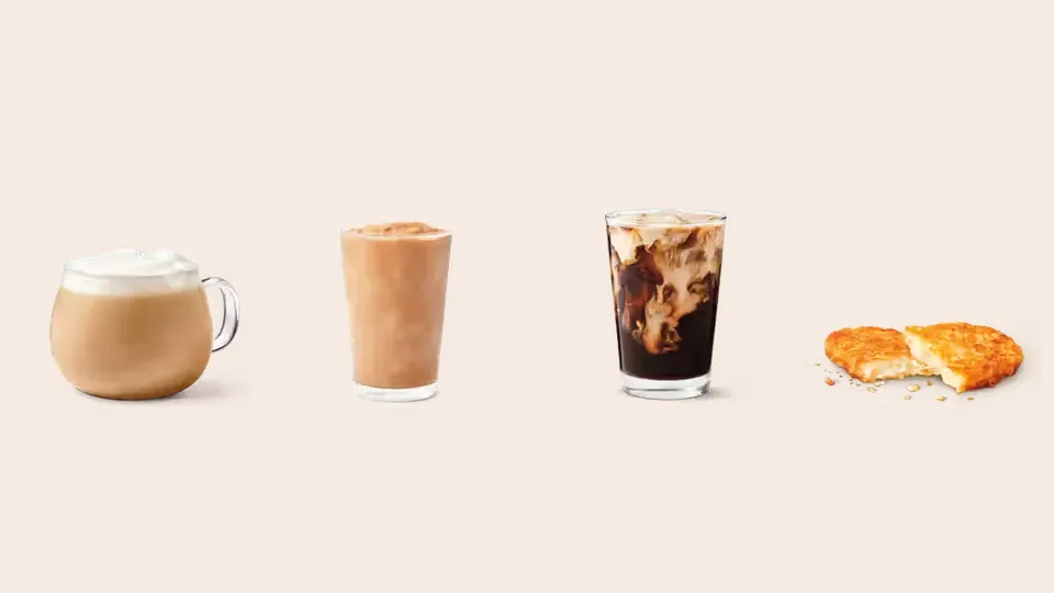 A Tim Hortons latte, Original Iced Capp, cold brew and hashbrown