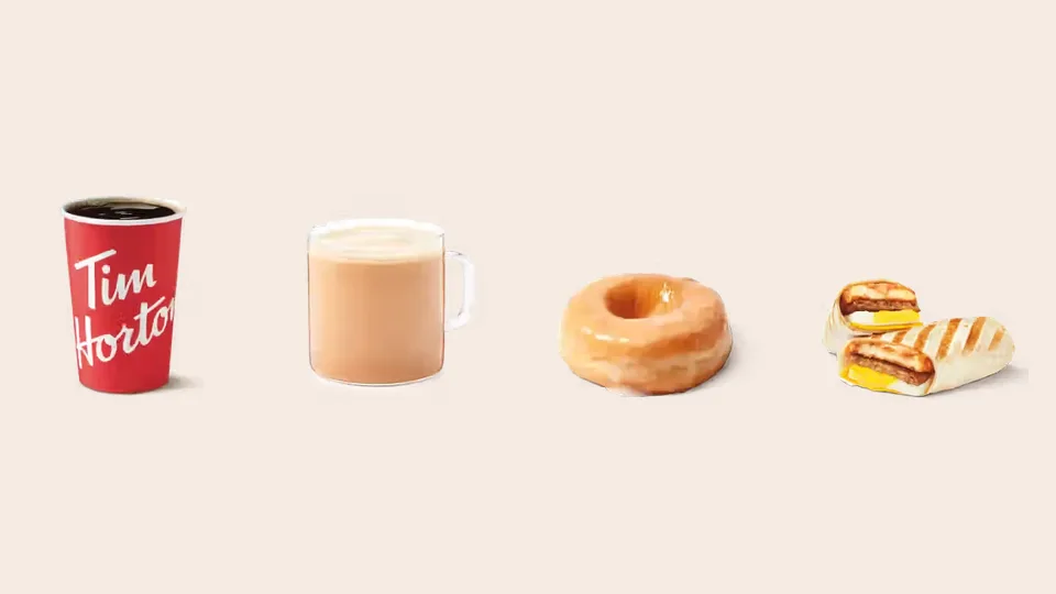 A Tim Hortons brewed coffee, French Vanilla, Honey Dip donut and Farmer's Wrap